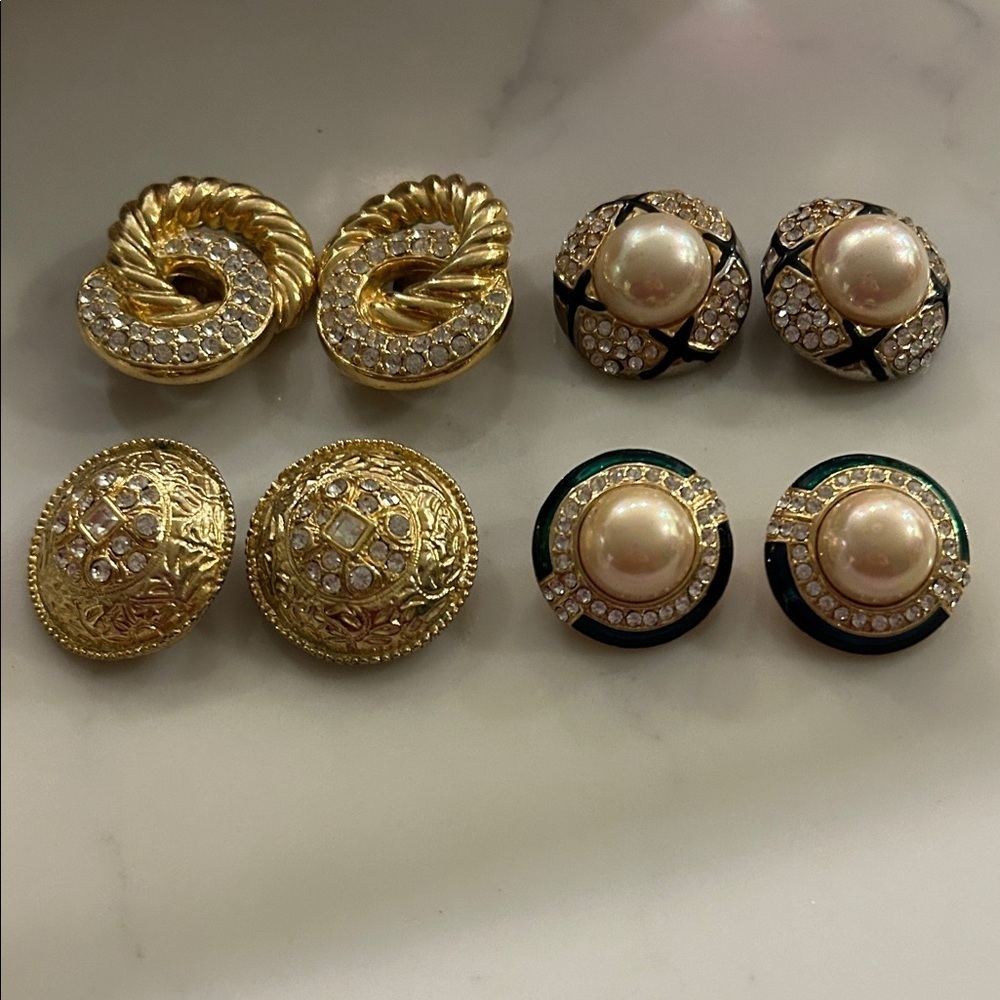 Vintage Elegant Gold Rhinestone and Pearl Earrings.  Bundle of 4 sets